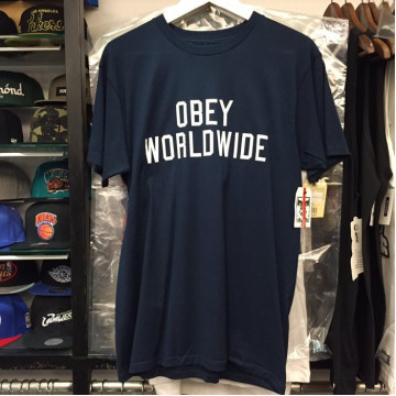 BEETLE OBEY CORNER BLOCK LOGO WORLDWIDE 文字 深藍白 短TEE S M XL