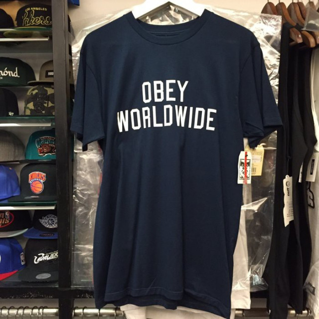 BEETLE OBEY CORNER BLOCK LOGO WORLDWIDE 文字 深藍白 短TEE S M XL