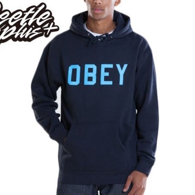 特價 BEETLE OBEY FONT LOGO 連帽 長袖 帽TEE 帽T 深藍 水藍 NAVY BLUE 美版