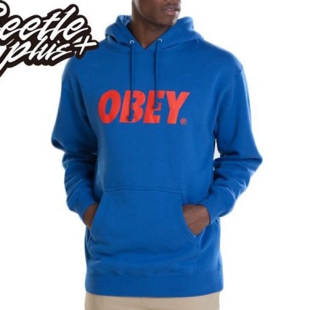 BEETLE OBEY FONT LOGO 文字 連帽 長袖 帽TEE 帽T 水藍 紅字 BLUE RED 美版 保暖