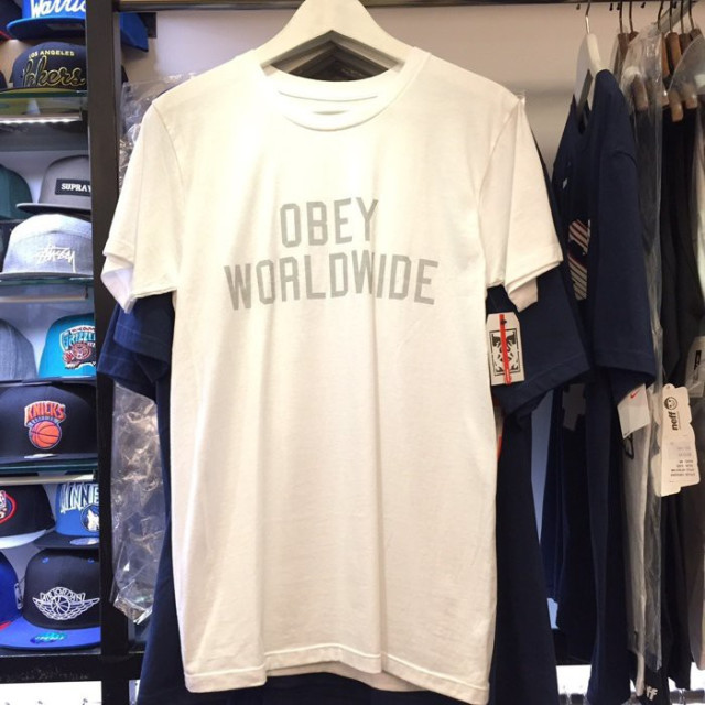 BEETLE OBEY CORNER BLOCK LOGO WORLDWIDE 細字 文字 白 灰 短T TEE S M