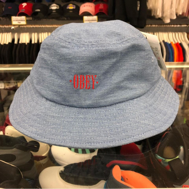 BEETLE OBEY BUCKET HAT 淺藍 紅字 素面 刺繡 LOGO 牛仔布 漁夫帽