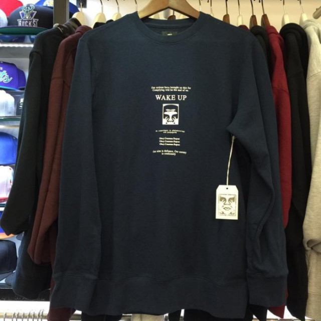 BEETLE 現貨 OBEY WAKE UP 起床 人臉標 深藍 白 文字LOGO 長袖 衛衣 大學T