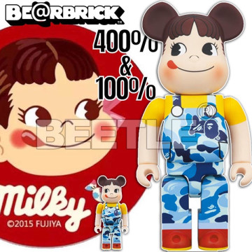 BEETLE BE@RBRICK PEKO 不二家 BAPE 牛奶妹 藍色 迷彩 聯名 庫柏力克熊 100 400%