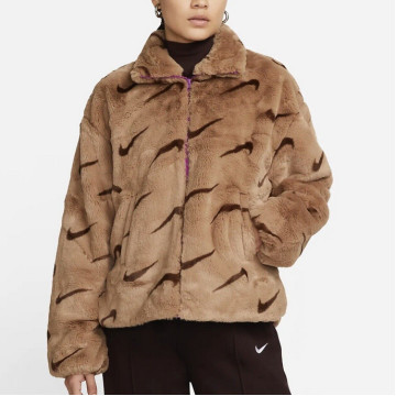 BEETLE 女生 NIKE PLUSH JACKET 絨毛外套 高領 LOGO 咖啡色 DQ6842-258 美版